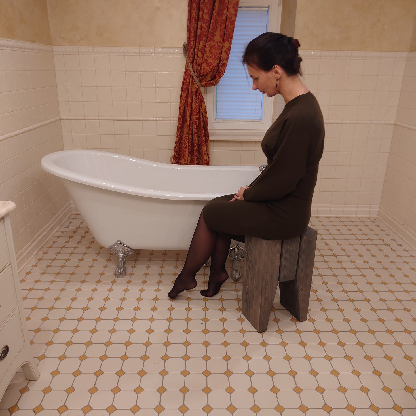 Wooden rustic cozy bathroom stool