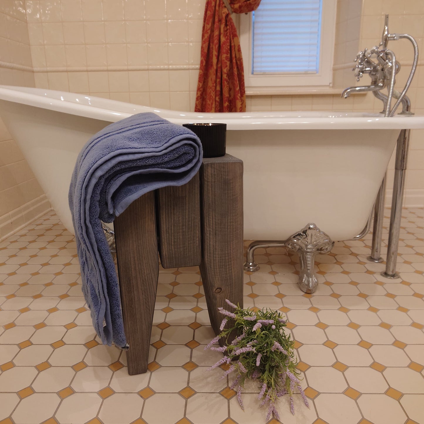 Wooden rustic cozy bathroom stool
